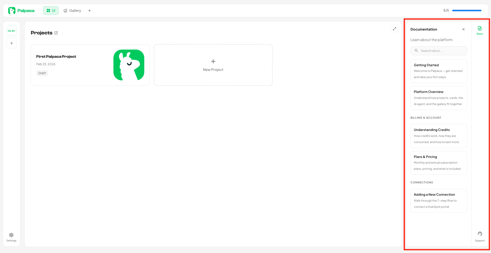 Palpaca dashboard with the Documentation panel open on the right