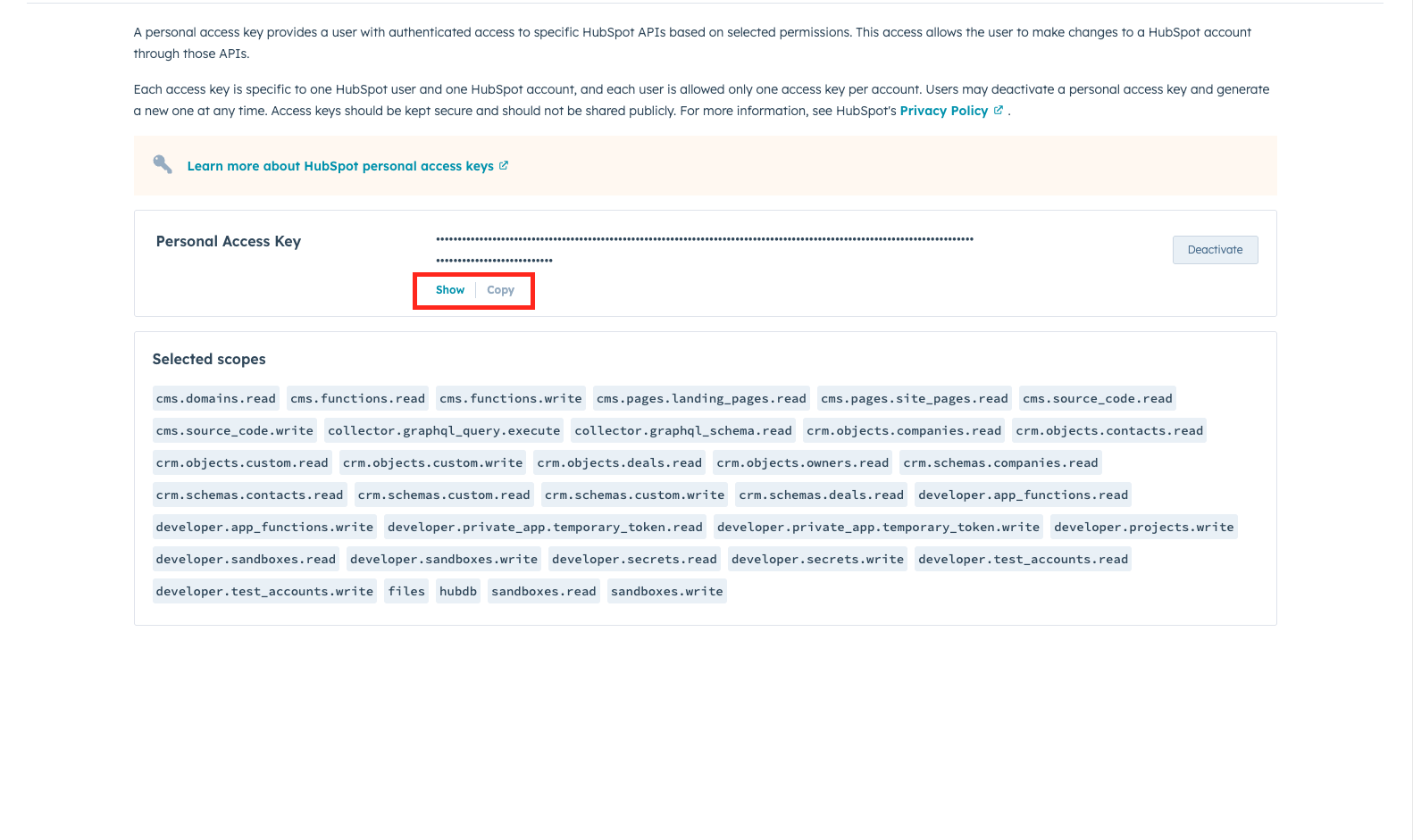 Copy your Personal Access Key from HubSpot