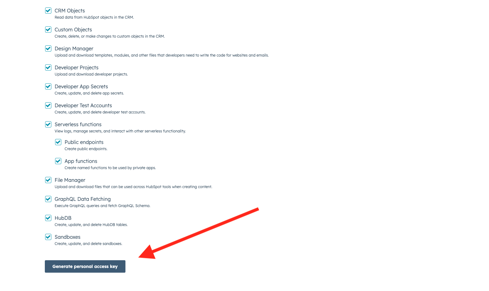 HubSpot Personal Access Key permissions page — select all scopes and click Generate