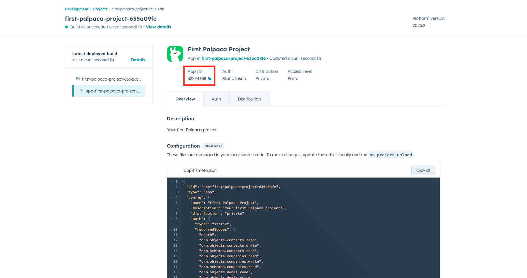 HubSpot project page showing the App ID