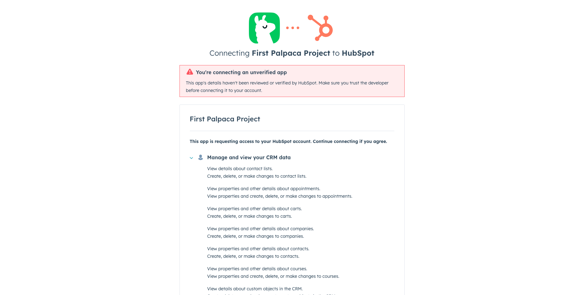 HubSpot install consent screen — review permissions and click Connect app