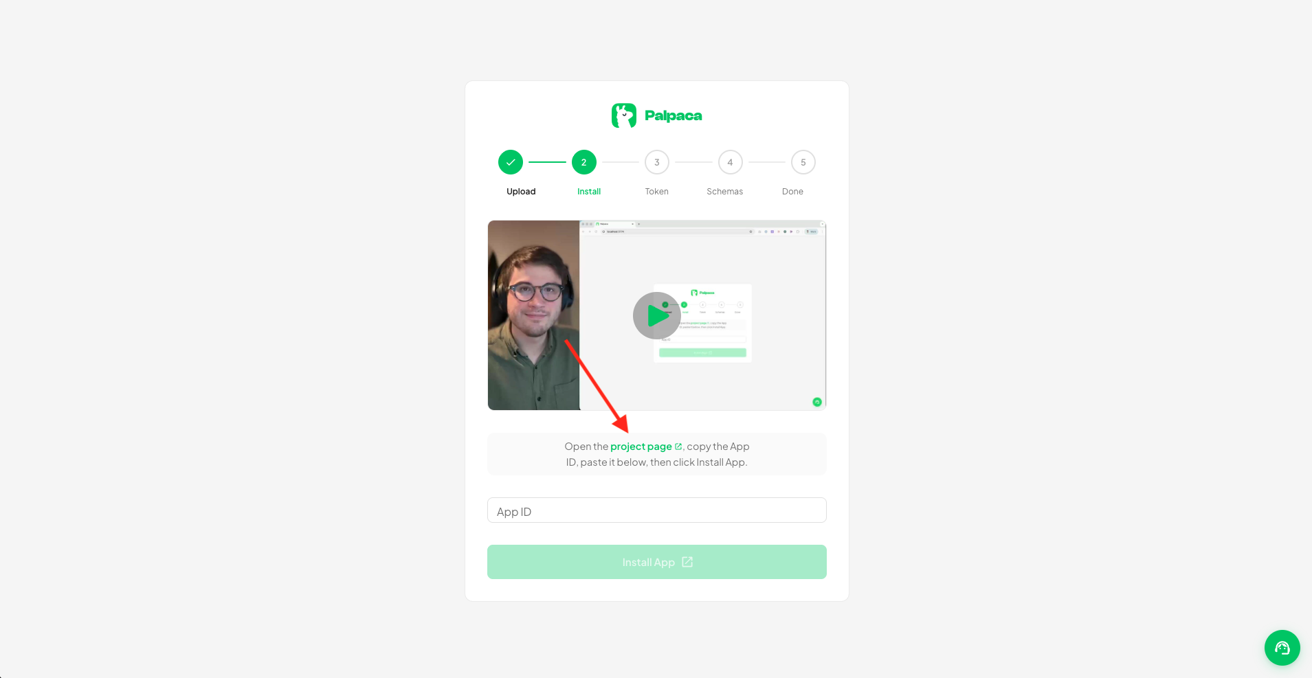 Palpaca Install step — open the project page and paste the App ID